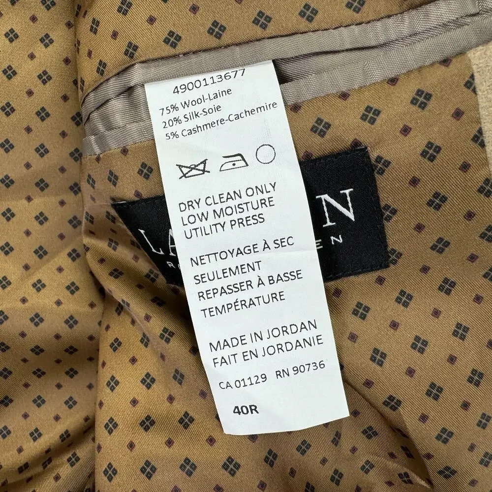 Lauren Ralph Lauren Mens Lacrosse Wool Cashmere Classic Fit Sport Coat Camel 40R